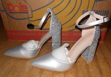 Women Ankle Strap Pointy Toe Chunky Block Silver Glitter High Heel Pump Shoes