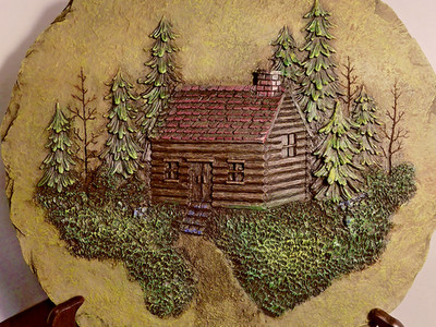 Rustic 3D Cabin In The Woods Wall Art Hand Painted VTG NIB!