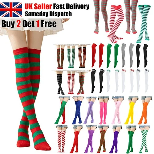 High Over the Knee Socks Long Plain Striped Thigh High OTK Socks UK SIZE 4-6