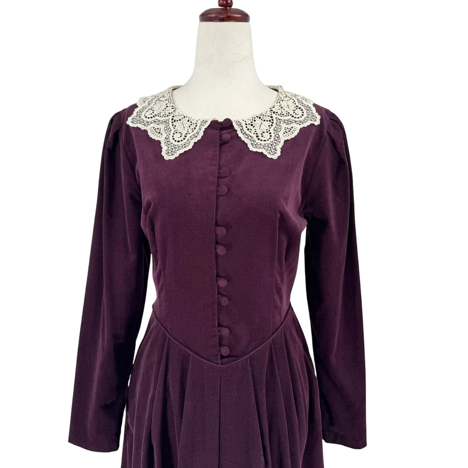 Maxi Vestido Vintage Laura Ashley Talla 6 Borgoña Cottagecore Praire Algodón Encaje  Foto 2 de 4