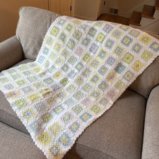 Crochet Granny Square Baby Blanket White Green Yellow Pink Blue 47  x 35  