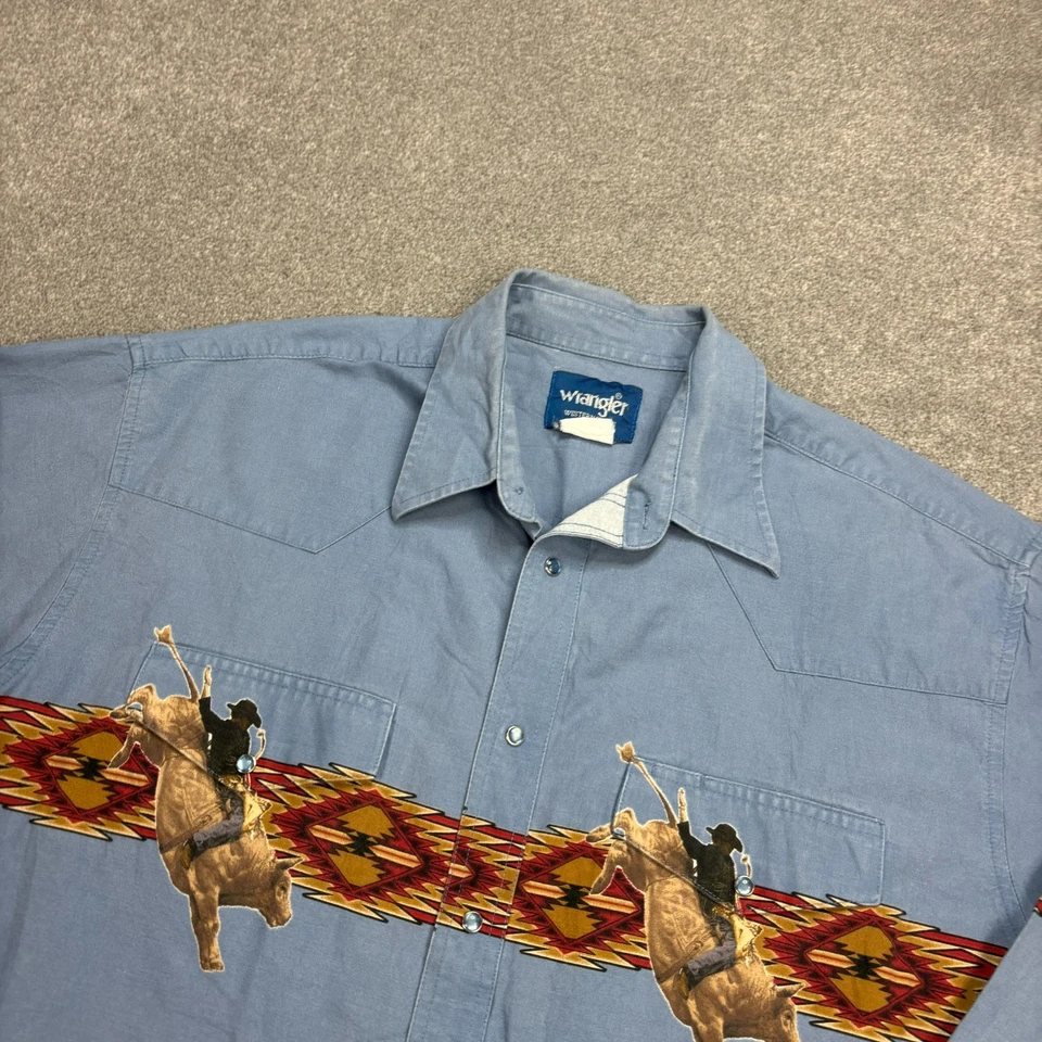 Wrangler Denim Shirt Adult Extra Large Blue Brushpopper Rodeo Cowboy Snap Men - Image 3 of 4