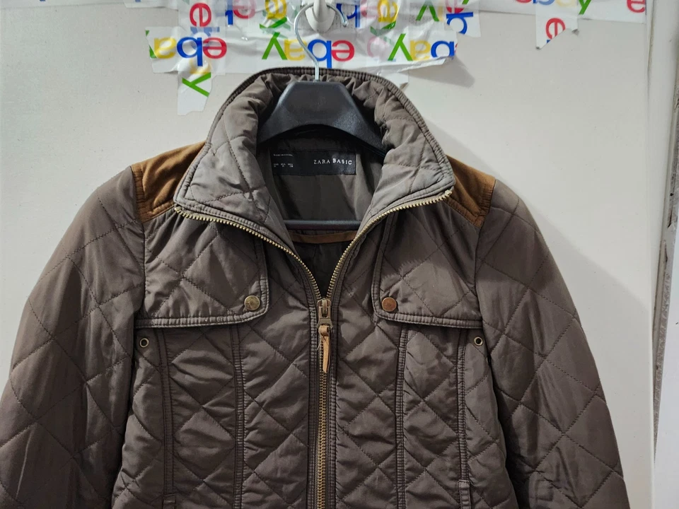 Chaqueta Zara Mujer M Marrón Acolchada Cremallera Moto Aislante Codo Imitación Cuero Acentos Foto 3 de 4