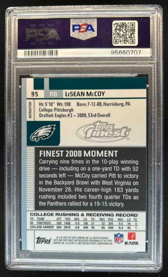 2009 Finest LeSean McCoy RC Refractor Rookie #95 Eagles PSA 9 - Image 2 of 2