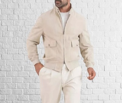 Dark Look Vibe: Beige Suede Leather Zipper Bomber Style Jacket for Night Out