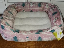 Jingles And Joy Holiday Pink Pet Bed With Snowmen And Christmas Trees 22"x19"x8"