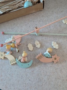 Vintage IRMI Angels Hand Painted Baby Crib Mobile Wood Pink & Blue Moon Stars