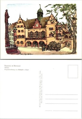 Postcard Germany Freiburg Rathaus Town Hall Original Drawing Helmuth v Geyer
