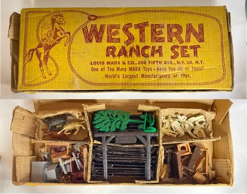 1950's LOUIS MARX Western Ranch Set - Playset Figures, Box & Bags