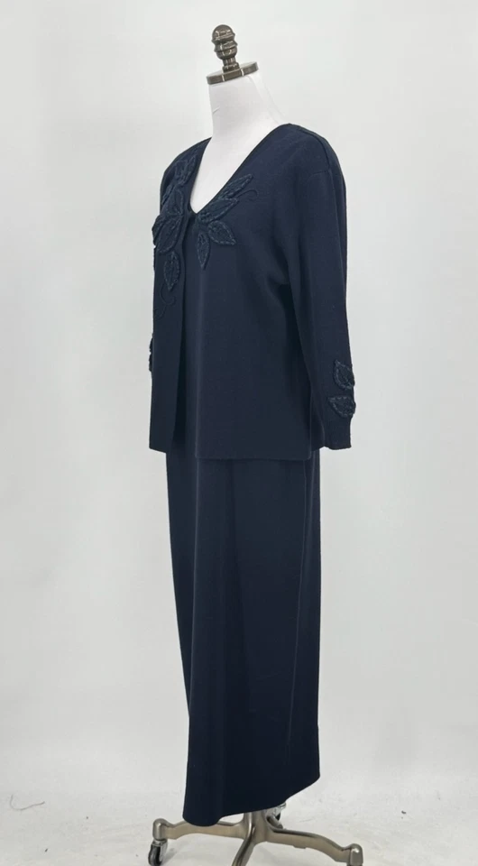 Maxi Vestido Adrianna Papell Azul Mezcla Lana con Detalle de Crochet Conjunto Suéter Talla L Foto 3 de 4