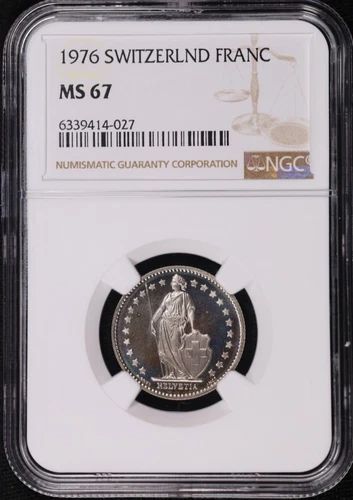 1976 SWITZERLAND 1 Franc Helvetia Standing CuNi Copper-Nickel NGC MS 67