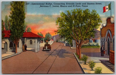 International Bridge Juarez-Chihuahua Mexico to El Paso TX 1940 Postcard  8948