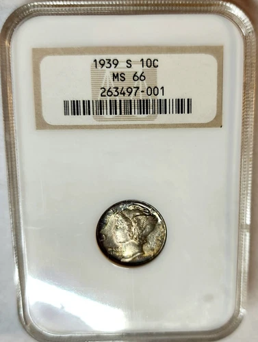  1939-S Mercury Silver Dime NGC MS-66 Old Fatty Holder Gorgeous Toned Beauty !!!