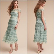 TADASHI SHOJI Anneliese Tea-Length Dress Sheer Mesh Sequin Embroidered Size 6