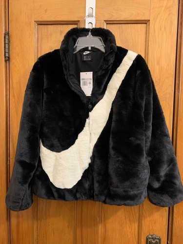 Nike Sportswear full zip faux fur jacket black white DM1759-010 NWT sz XS $175