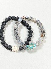 Set of 2 Black Stone Gray Glass turtle Elephant Charm Stretch Bracelets 6.5 in