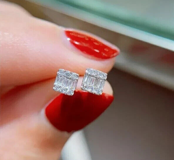 14K White Gold Plated 2Ct Baguette Cut Lab Created Diamond Stud Earring's