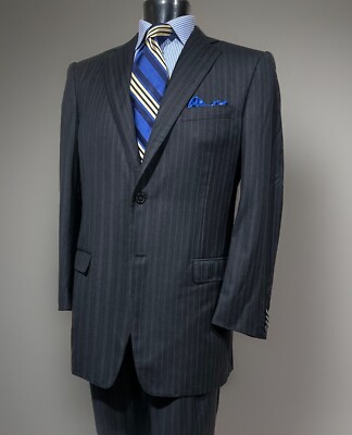 Ermenegildo Zegna Trofeo Wool Gray Royal Blue Stripe Mens Suit 44