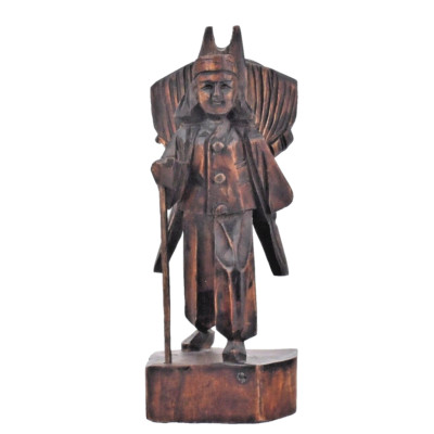 VTG Hand Carved Wood Asian Figurine Peasant Carrying Backpack Korea Tibet