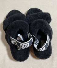 UGG Oh Yeah Slide In Slippers Black Plush Fluffy Slip On Sandals Womens Size 6
