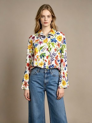 NWOT Ali Miles PLUS Knit Floral Point Collar 3/4 Bell Sleeve Button-Front Tunic