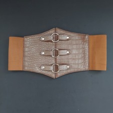 Retro Women PU Leather Button Snap Waist Belt Wide Elastic Corset Belt Brown
