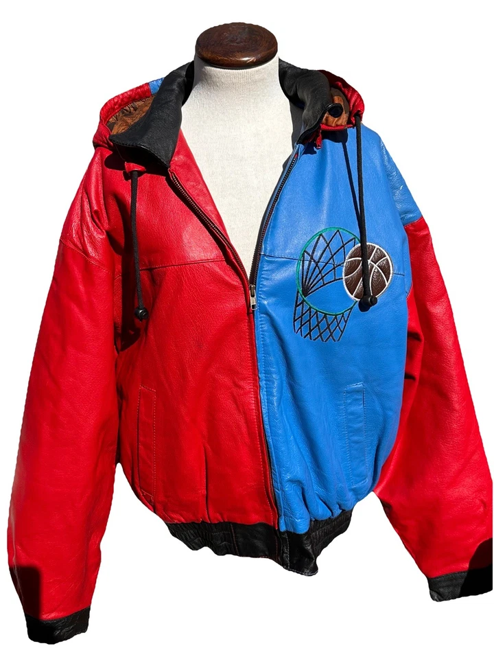 Chaqueta de cuero Jordan Hi-Top de baloncesto NBA de colección rara de los 80 roja azul talla Med Foto 2 de 4