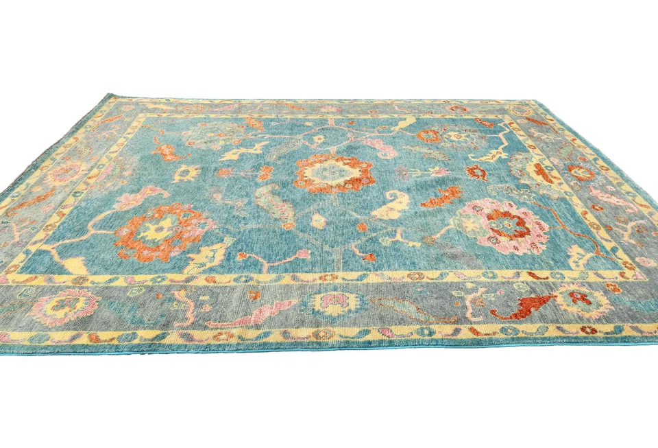 Handmade Muted Blue Floral Oushak Chobi Oriental Rug Farmhouse Carpet 8X10 ft - Image 4 of 4