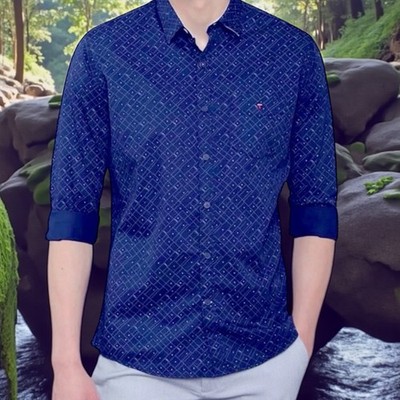 Louis Philippe Contrasting Cuff Mens Slim Fit  Button Down Blue Dress Shirt 42
