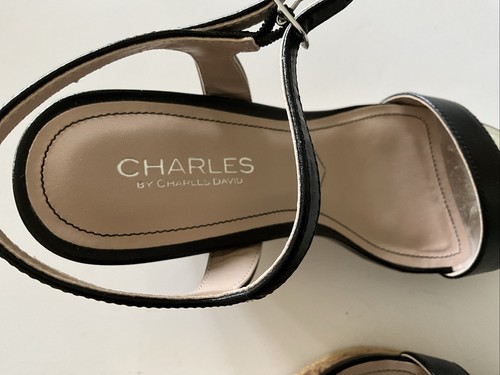 CHARLES BY CHARLES DAVID WOMENS BLACK LEATHER WEDGES ESPADRILLE HEELS - Picture 3 of 7