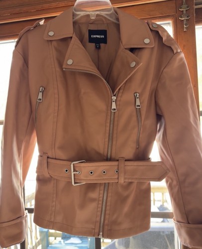 Express Women's Tan Belted Biker Jacket Zip Closure, Size Small, Express Jacket