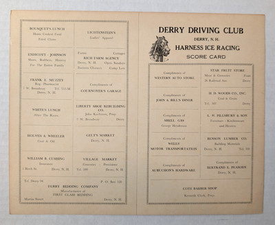 1950 DERRY DRIVING CLUB HORSE HARNESS ICE RACING PROGRAM WITH DERRY NH ADS
