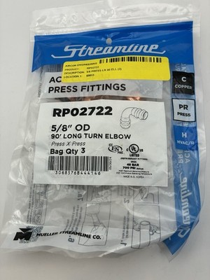 3 ea. Streamline ACR Copper Press Fittings RP02722 5/8'' Long Turn Elbow