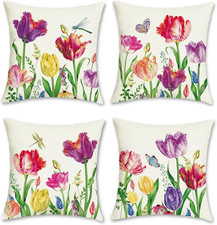 Tulip Spring Floral Pillow Covers 18 x 18 Inch Set of 4 Farmhouse Garden Colorfu