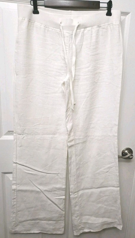 INC Women's Size 10 Wide Leg 100% Linen Pants White Pull On Drawstring 