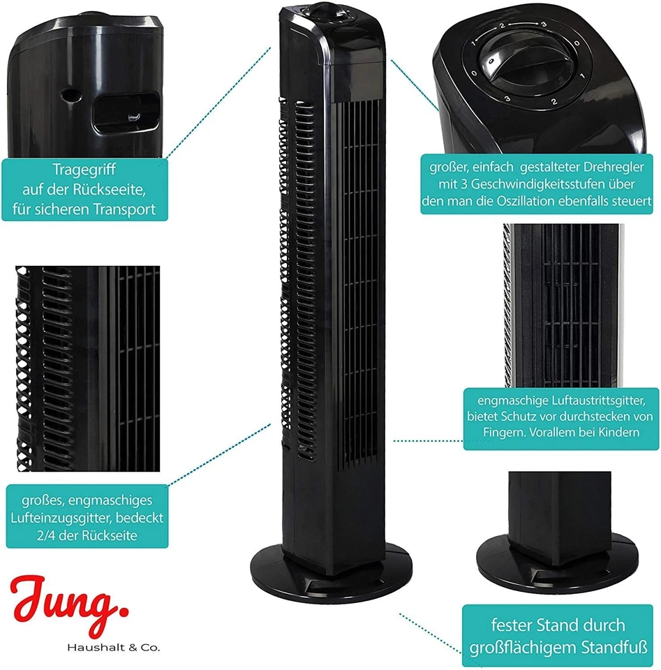 JUNG TV02 B-WARE Ventilator leise 78cm, Turmventilator schwarz, ENERGIESPAREND - Bild 2 von 4