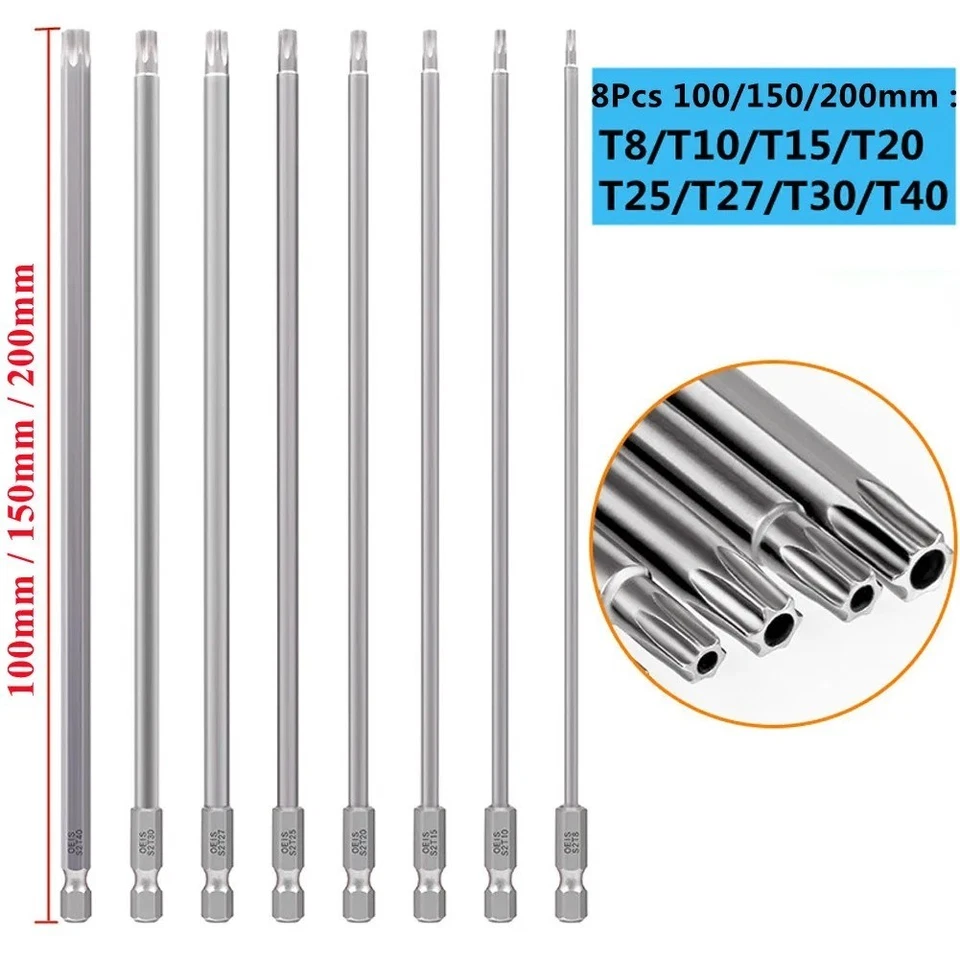 8pcs 200mm 7.9" Magnetic Long Torx Bit Set T8 10 15 20 25 27 30 40 - 1/4'' Hex - Image 2 of 4