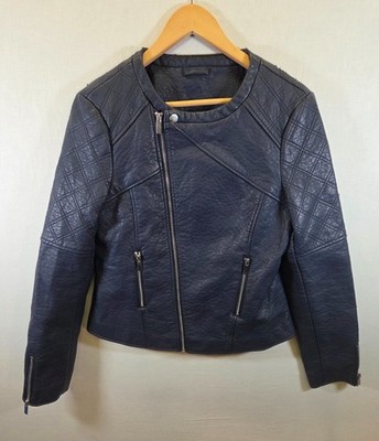 St Bernard Dunnes Stores Womens Navy Faux Leather Biker Jacket Size UK 12