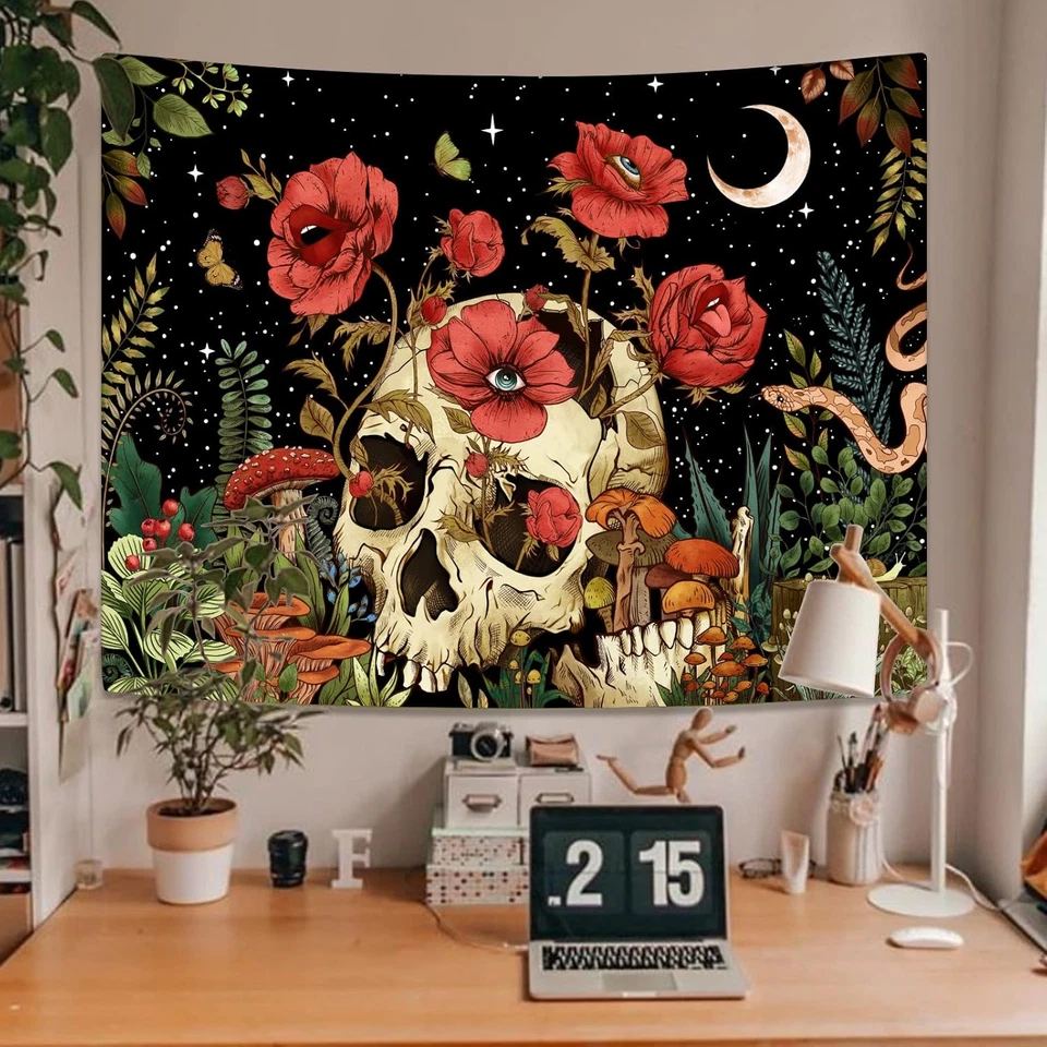 Tapiz Floral Calavera, Trippy Seta Esqueleto Jardín Gótico Tapices Estéticos Foto 2 de 4