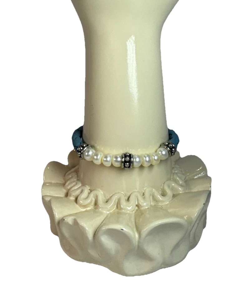 "Brazalete trenzado de cuero beige perla de agua dulce vintage Honora de plata esterlina 7""" Foto 3 de 4