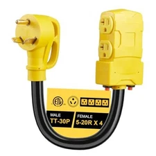30 Amp to 20 Amp 110V RV Distribution Adapter, NEMA TT-30P to 4 X 5-20R/15R RV 