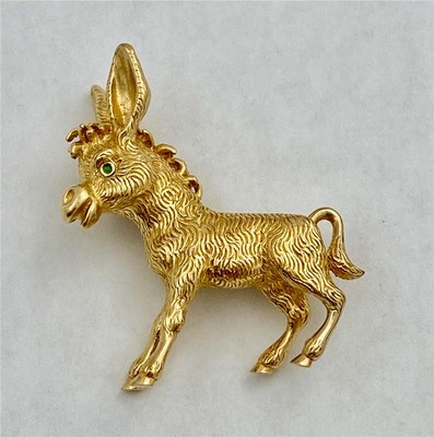 Vintage CINER Gold Plated Figural Donkey with Green Gemstone Eye Brooch Pin