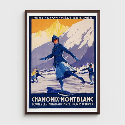 Chamonix Mont Blanc Ice Skating Vintage Winter Travel Poster 24x36