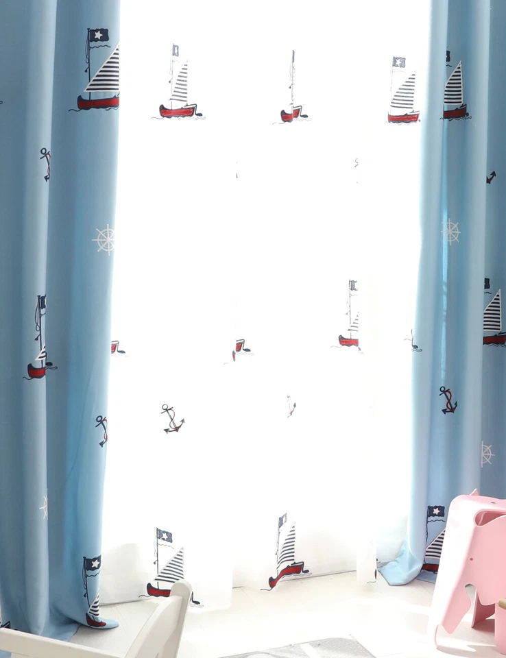 Lactraum Gardine Kinderzimmer Junge Maritim mit Ösen Bestickt Segelboot Anker - Bild 2 von 4