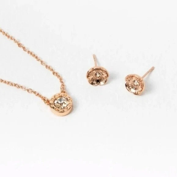 Collana Coach Rose Oro Cerchio Aperto e Set Borchie Rosa Tè Nuovo con etichette
