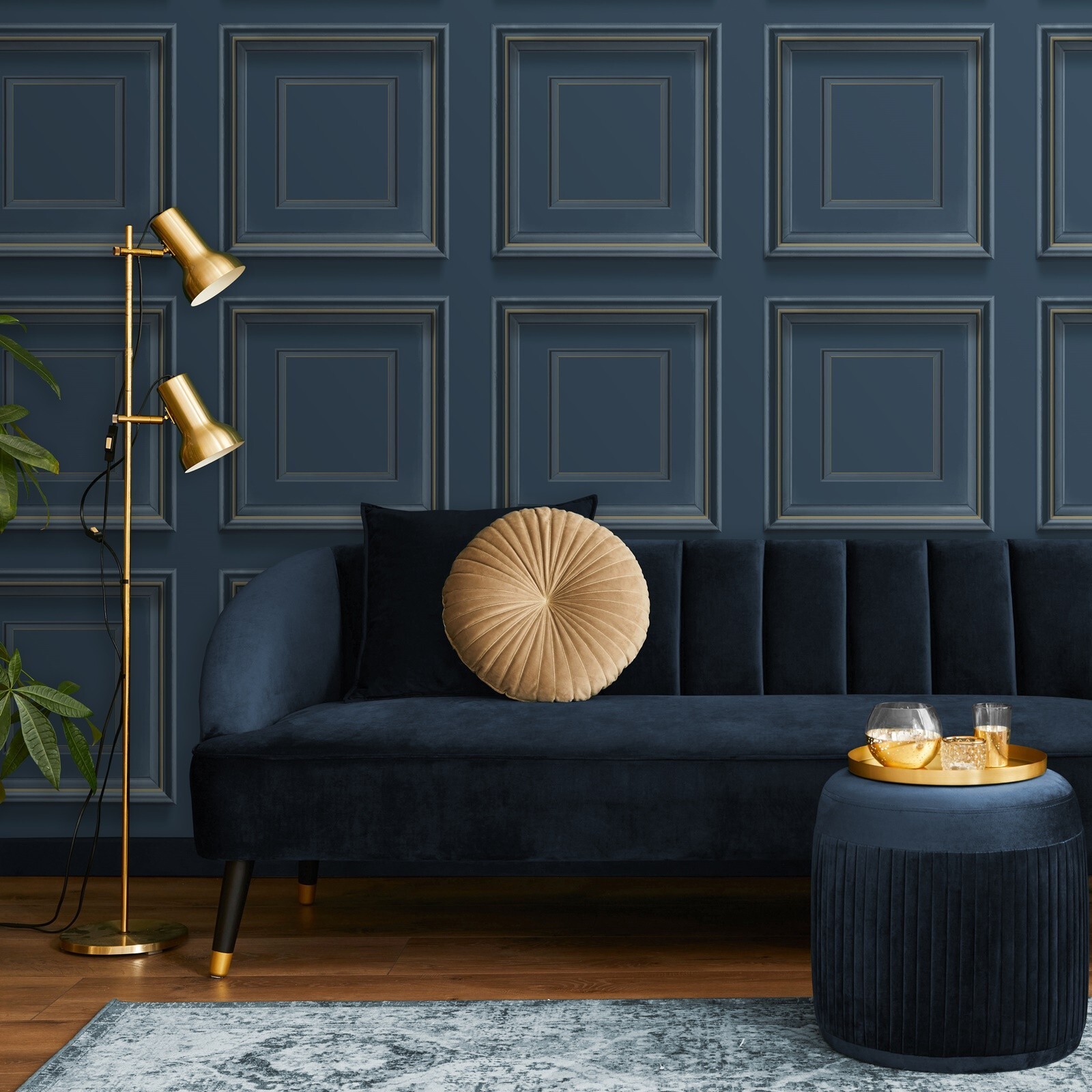 Navy Panel Effect Wallpaper Metallic Gold Realistic 3D Wood Effect Flat