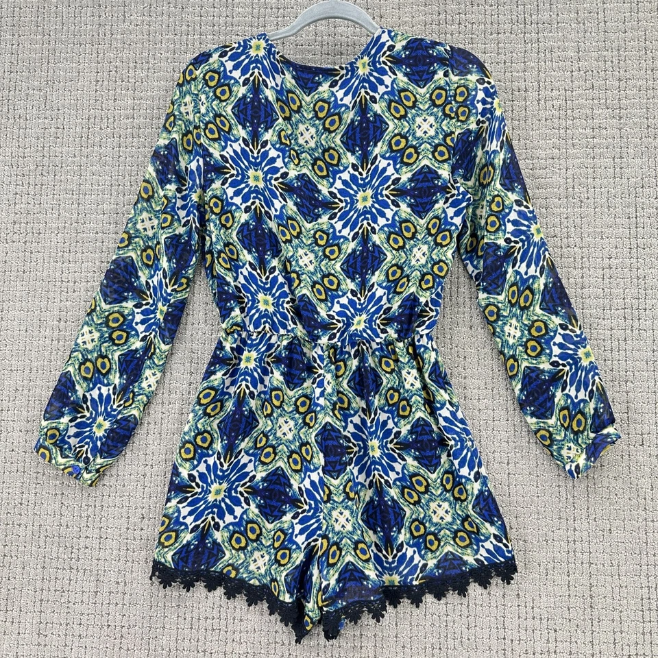 Mameluco ASTR para mujer talla pequeña azul verde manga larga batik encaje ribete cuello en V Foto 2 de 4