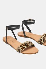 ZARA FLAT LEATHER SANDALS WITH LEOPARD PRINT STRAP SZ 6.5 NEW