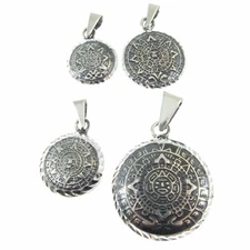 Solid 925 Sterling Silver Puffed Aztec Sun Stone Pendant Mayan Calendar Amulet