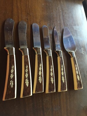 VTG Regent Sheffield Stainless 6 Knives Cheese Tray Party Charcuterie Ivory Leaf